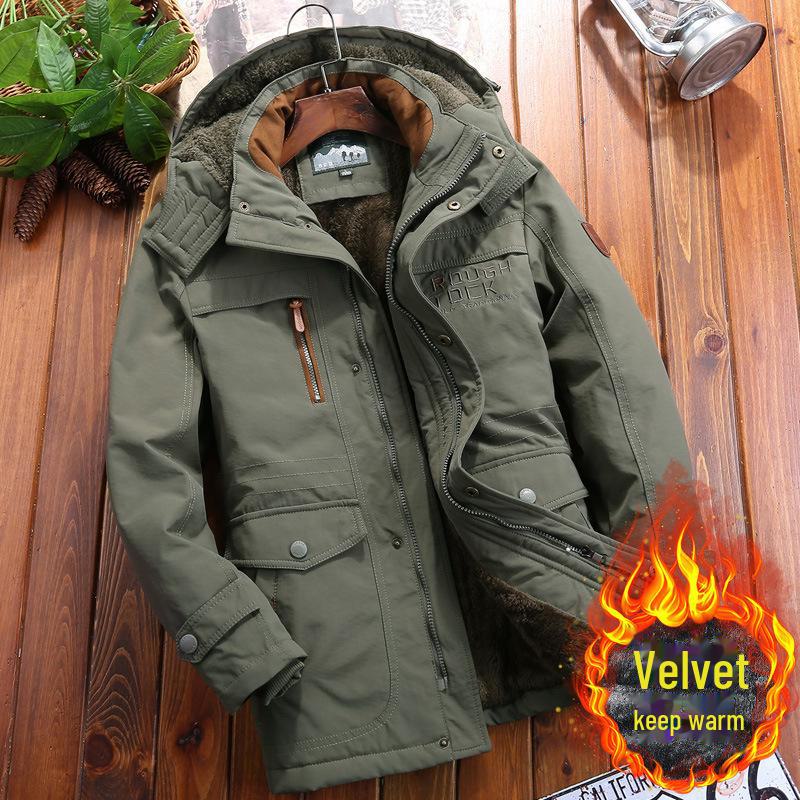 

Мужское зимнее хлопковое пальто с множеством карманов - утолщенное, свободное, устойчивое к холоду, повседневный стиль 8186 XL армия зеленый