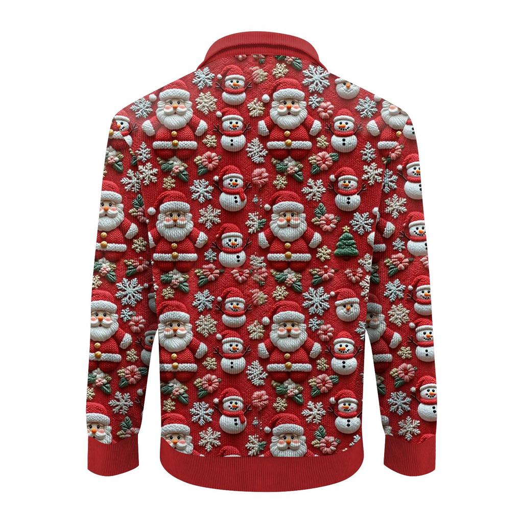 Men's Christmas Cotton Pullover Long Sleeve Outdoor Shirt Vintage Corduroy Button Stand Collar Shirt Casual Sweatshirt Christmas Print Top