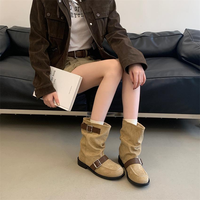 Spring and Autumn Fashion Versatile Fashion Boots Women's Round Head Belt Buckle Pile Boots Low Heel Martin Boots Medium Boots Tide