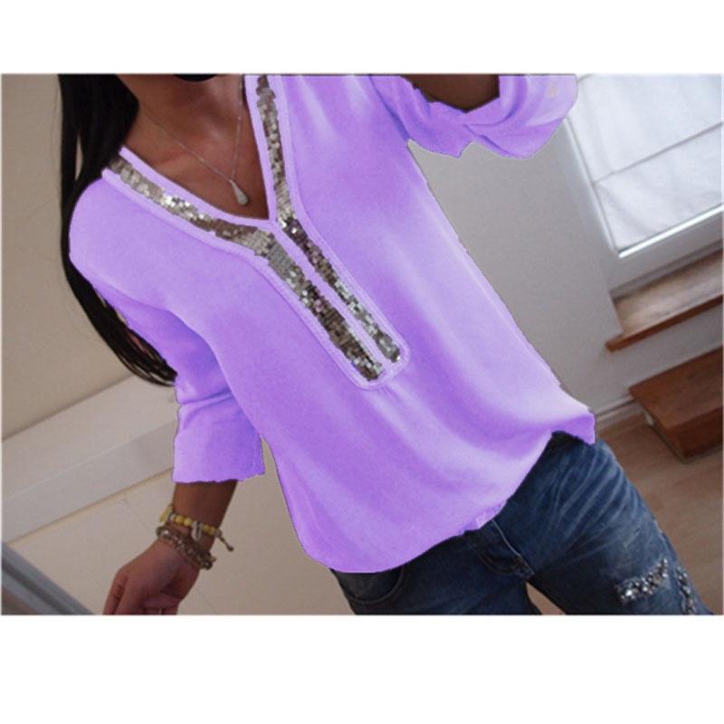 Elegant Womens Long Sleeve Sequins V-neck Tops Blouse With Casual Plus Size Fit
