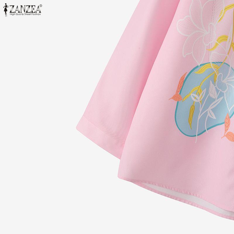 ZANZEA Damen Lässig Umlegekragen Locker 3/4 Ärmel Print Bluse
