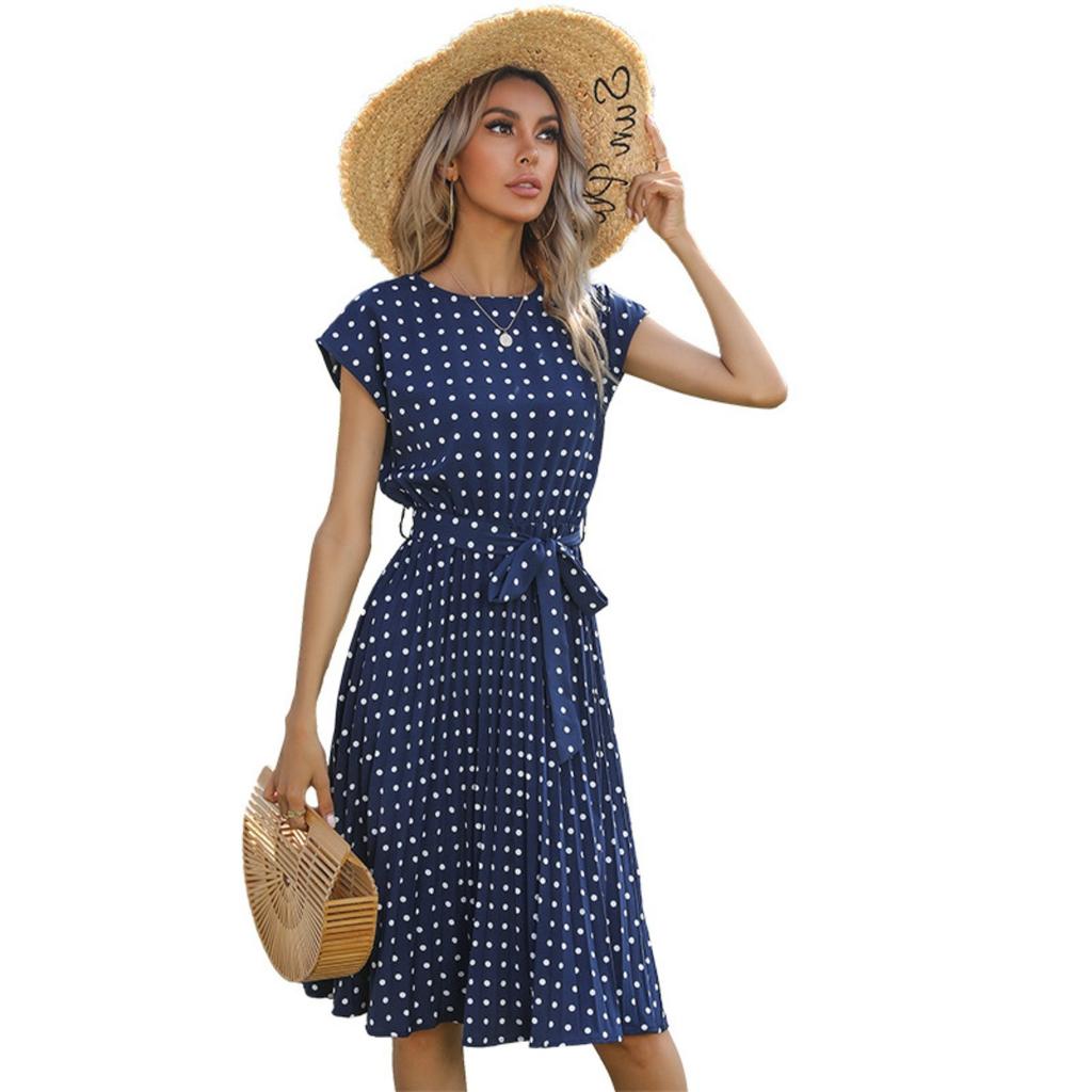 Summer Retro Elegant Polka Dot Ruched Short Sleeve Dress for Women, European American Style, Hot Selling Casual Dress