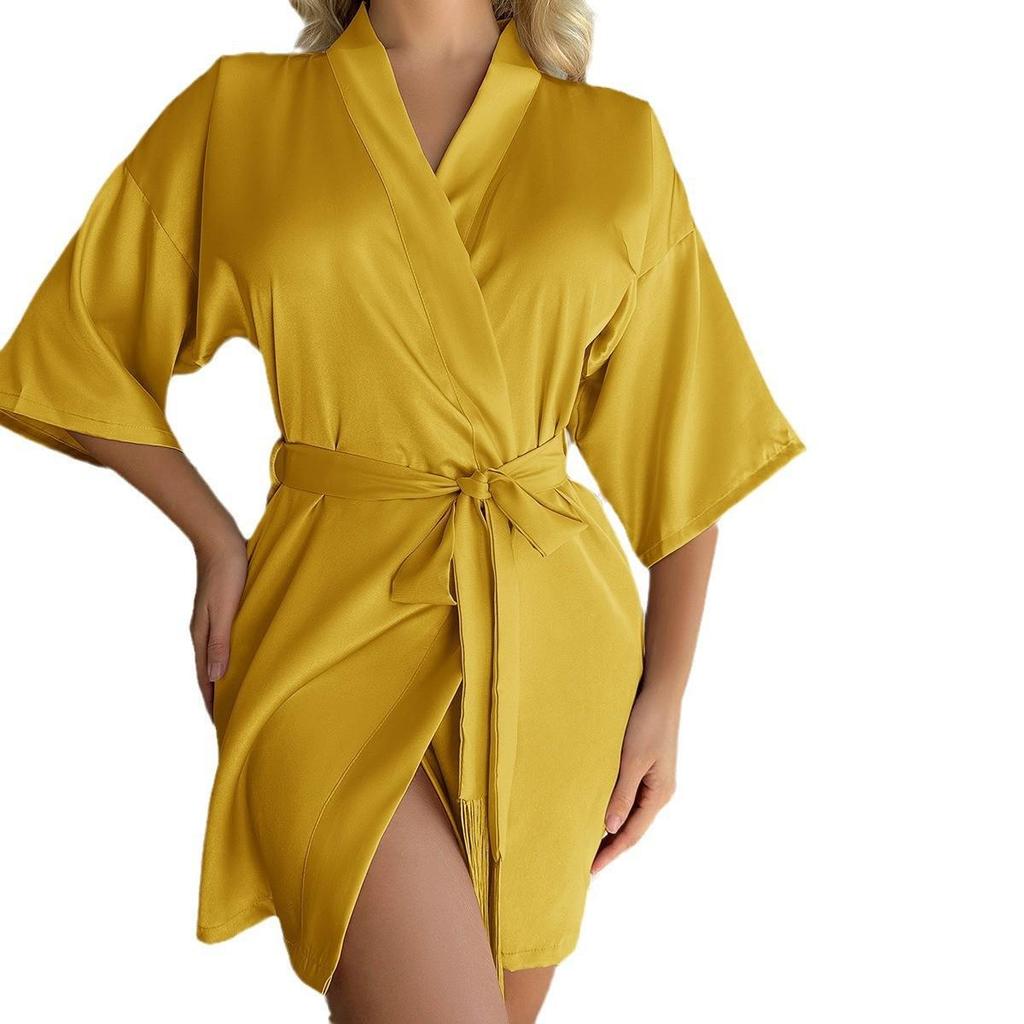 European & American Women's Mid-Sleeve Sexy Short Tassel Bathrobe Pajamas