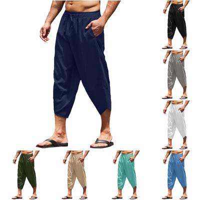 Herren-Caprihose aus Baumwolle und Leinen, einfarbig, lockerer Kordelzug, Freizeitshorts
