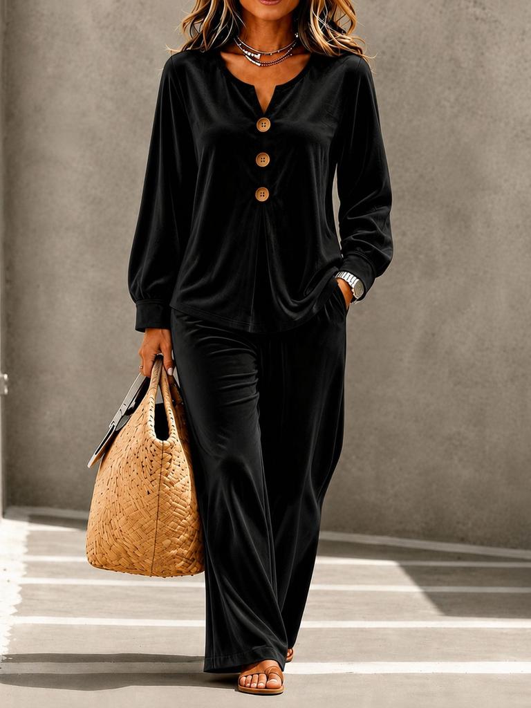 European and American Cross-border TK Women's New Velvet Casual Button V-neck Long-sleeved Top and Trousers Two-piece Set