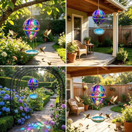Outdoor Bird Water Station Stained Glass Hot Air Balloon Feeder Fountain, Hanging with Fountain Decorative Resin Tray, Vintage Bronze Garden Decor for