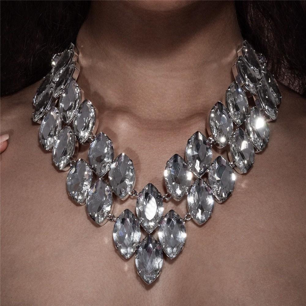 Xqwewanticedd Women's Yellow European And American Double-Layer Large Crystal Pendant Necklace Exaggerated Fashion Shining Rhinestone Neck Chain Jewelry
