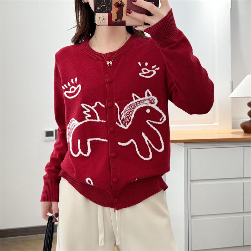 2026 Spring Plus Size Red Jacquard Knit Cardigan for Women - Long Sleeve Sweater, New Year Style for Chubby Girls
