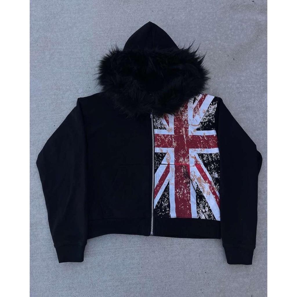 STREETRICH Fur Collar Cardigan Zipper Hooded Jacket Autumn and Winter Punk Hip-hop Rock Dark Style Rock Fashion All-match Y2K Retro Jacket