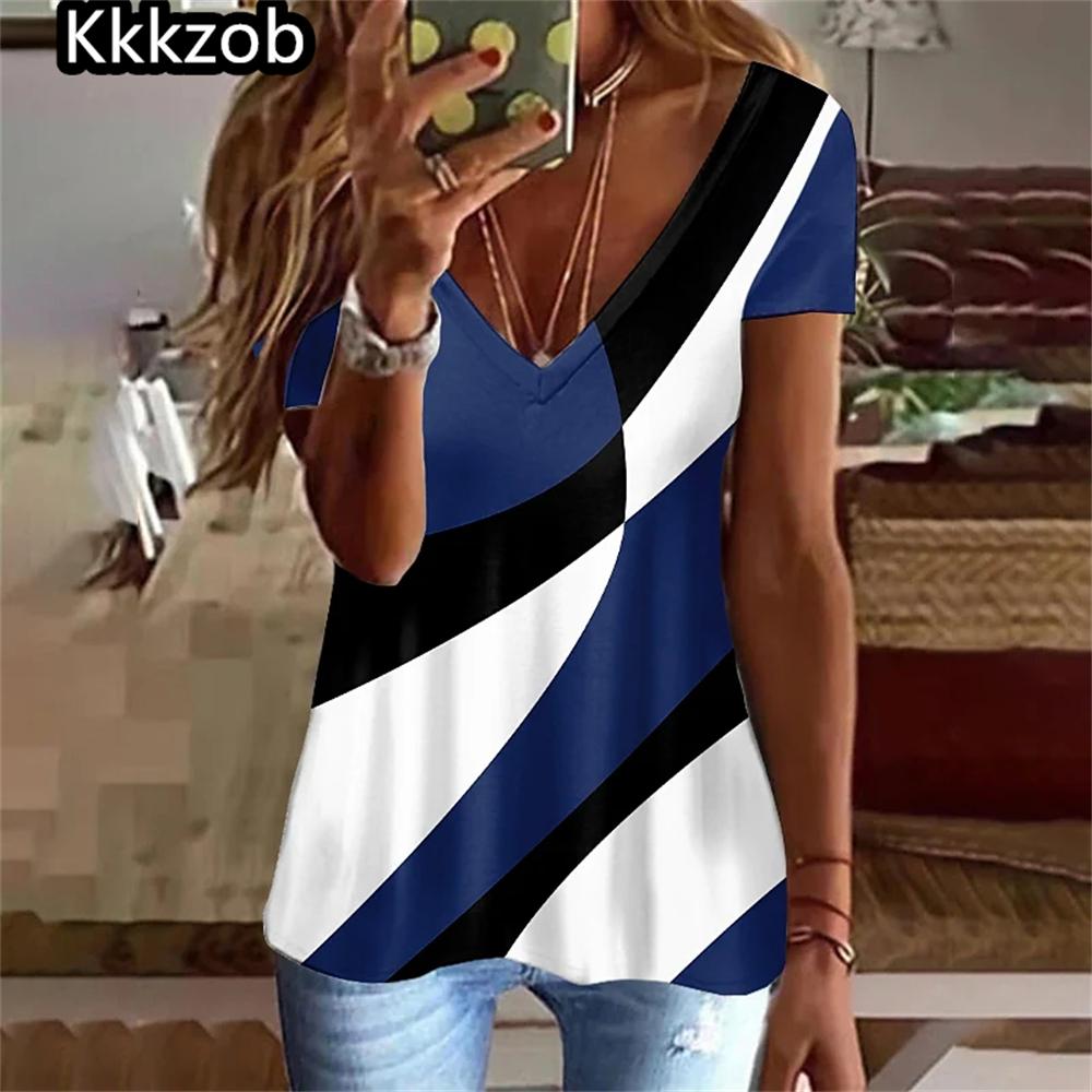 

Summer Women T Shirt Stripes Print Gradient Clothing V Neck Short Sleeve Basic Tops Streetwear Fashion Oversized Girls T-Shirts 5XL