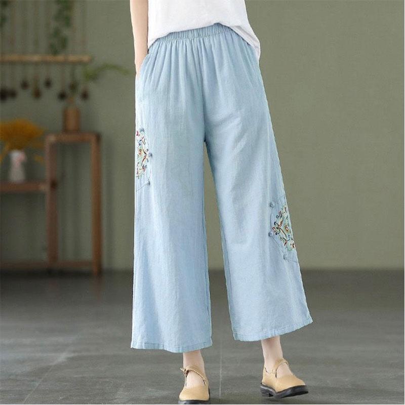 Fashion Women Embroidery High Waist Oversized Pants Summer Cotton Hemp Thin Elastic Band Loose Wide Leg Casual Straight Trousers