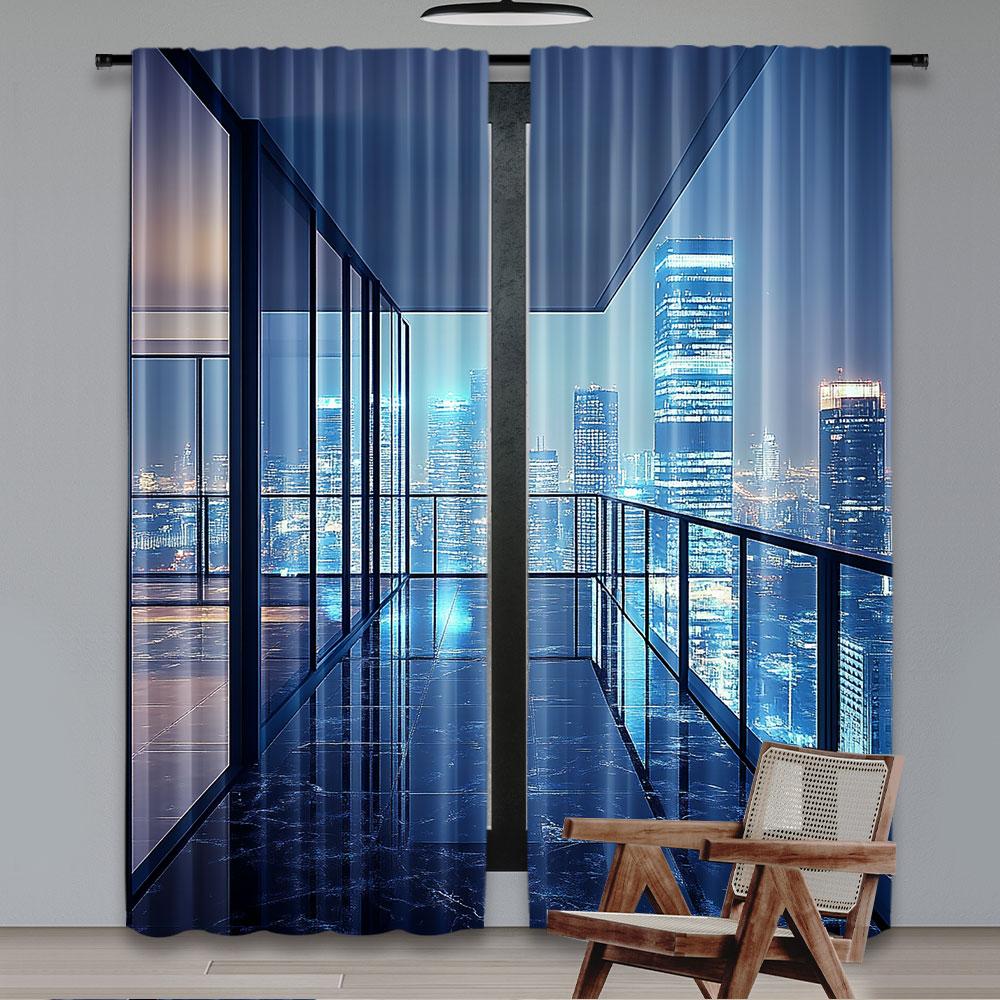 2Pcs Aerial View City Landscape Curtain New York City Night View Backdrop Skyscraper For Living Room Bedroom