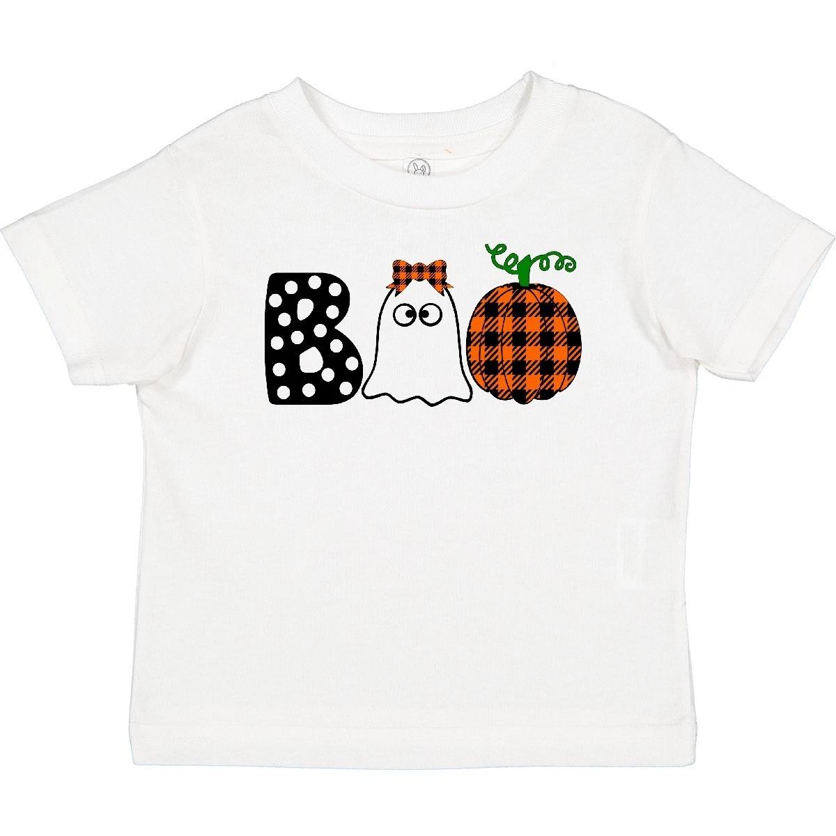 Inktastic Boo Halloween Ghost And Plaid Pumpkin Baby T-Shirt Orange Bow Trick Or 140