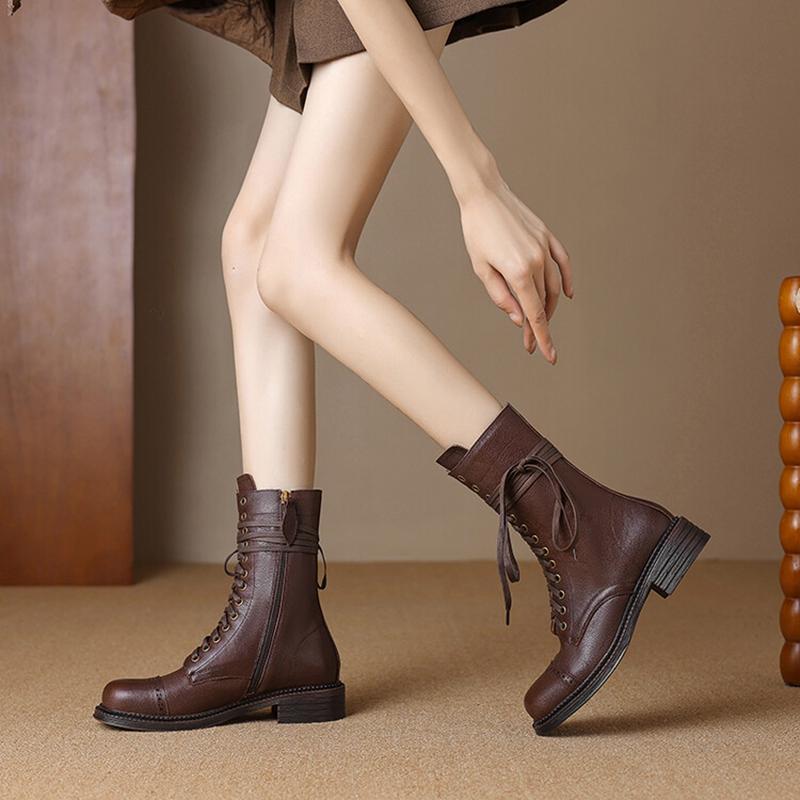 Fashion NEW Autumn Women Boots Genuine Leather Shoes for Women Round Toe Chunky Heel Shoes Zipper Short Boots Lace-up Designer Boots