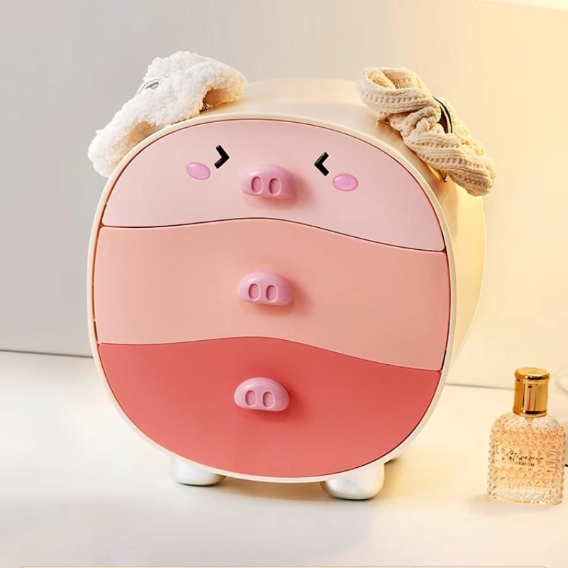 Cute Pig Desktop Storage Box Organizer Cute 2 Drawer Office Work Gadgets Hair Accessories Hairband Hairpin Desk Organizer Racks
