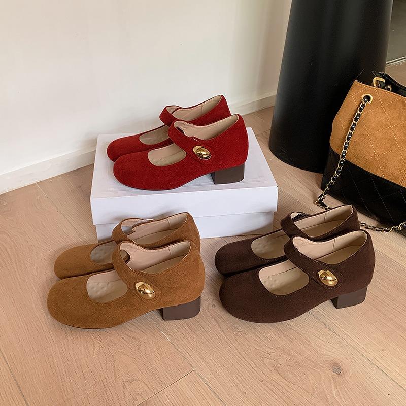 7 Height-increasing Small Golden Beans Thick-heeled Single Shoes for Women's Autumn New Retro Versatile Suede Soft-soled Mary Jane Shoes