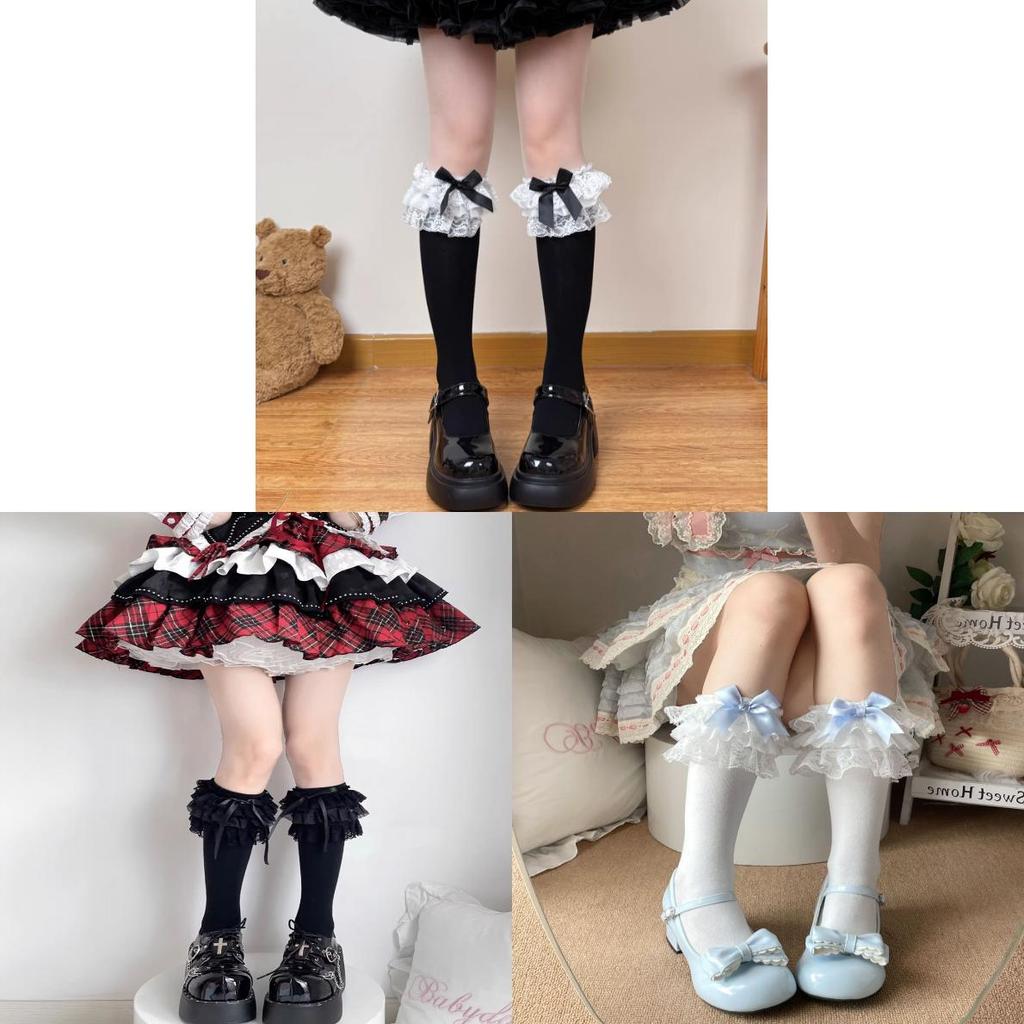 Calzini al ginocchio in cotone stile Lolita con fiocco nero per autunno, inverno, uso quotidiano