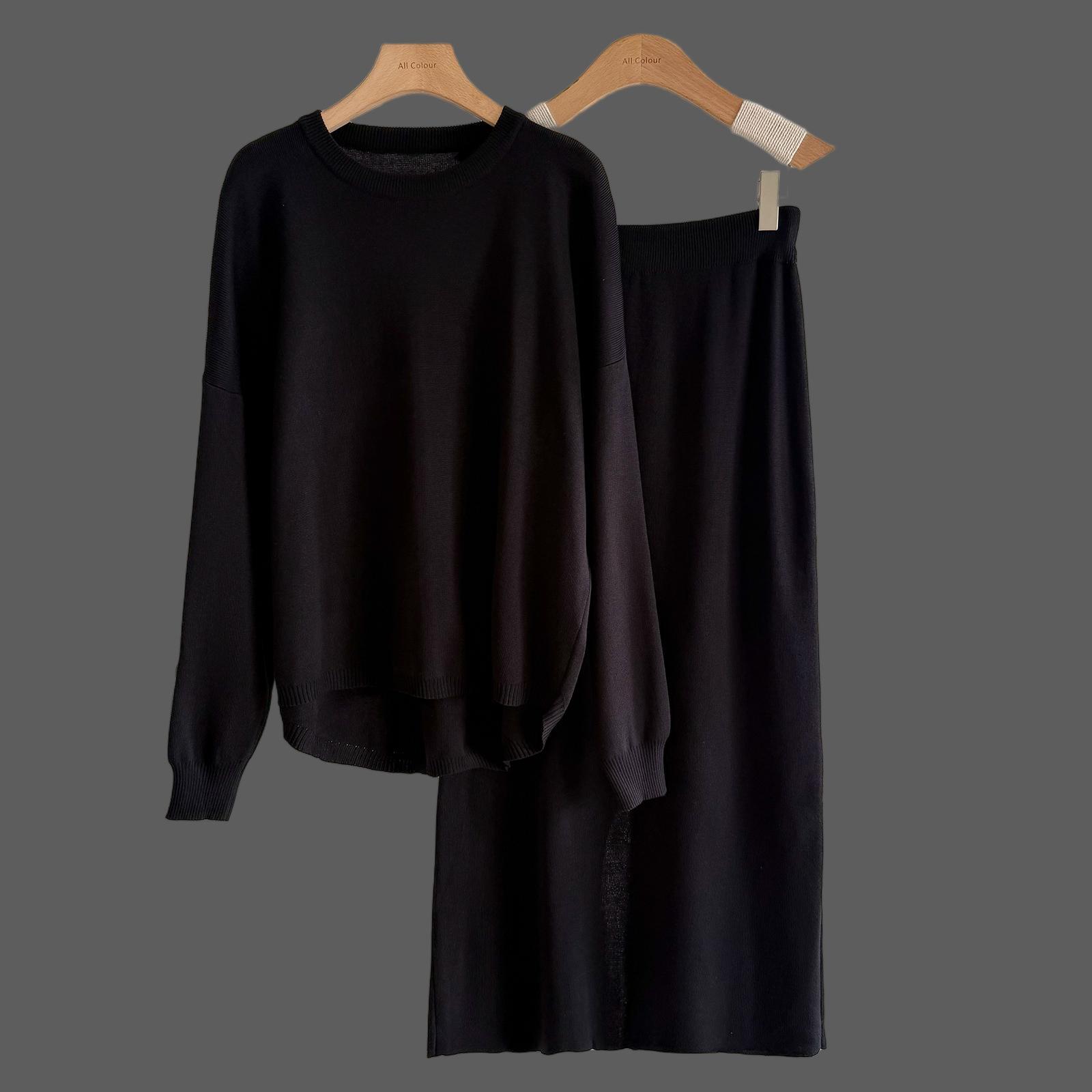 

Sweater Skirt Set Autumn and Winter Solid Color Simple Long Sleeve Fashion Casual Knitted Set One size чорний
