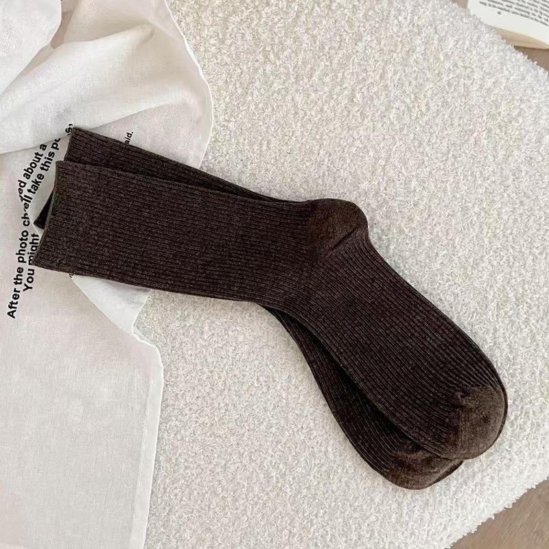 Simple Basic Solid Color Fine Vertical Striped Medium Tube Socks Season Wear With Birkenstocks Stacking Socks
