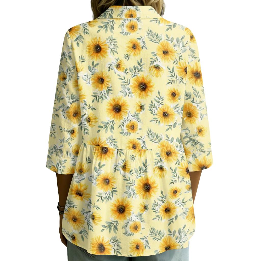 Women's Button Front Collared Shirt Vintage Floral Print Three Quarter Sleeve Loose Fit Blouse Casual Lightweight Top for Daily Wear