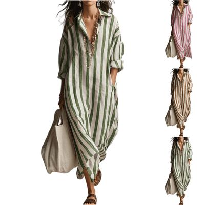 Women's Fashionable Loose V-neck Long Striped Three-quarter Sleeve Shirt Dress