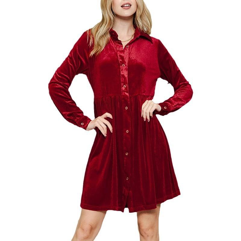 

YYFS Женская мода весна осень однотонный принт длинный рукав воротник поло свободная талия повседневные платья XL