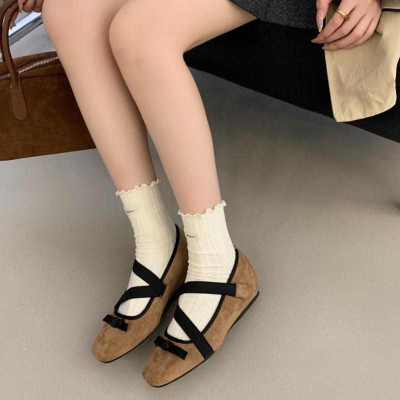 Square head cross strap French Mary Jane women's shoes 2025 ballet shoes bow platform shallow mouth single shoes