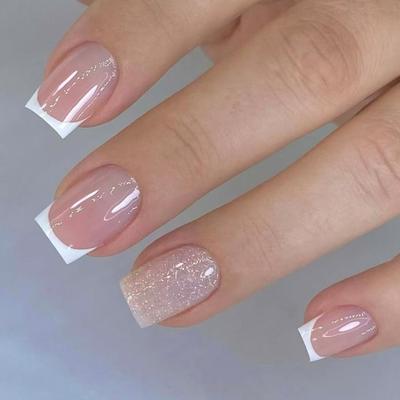 Elegante Weiße Glitzer Quadratische Press-On Nägel 24 Stück Kurzes Französisches Design ABS Material Künstliche Nägel Für Frauen Party Tägliche Nutzung