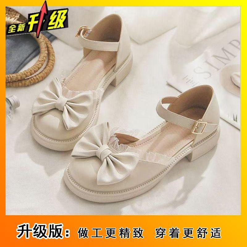 Thick-heeled small leather shoes, evening breeze gentle with skirt single shoes 2025 summer new bow Mary Jane sandals women