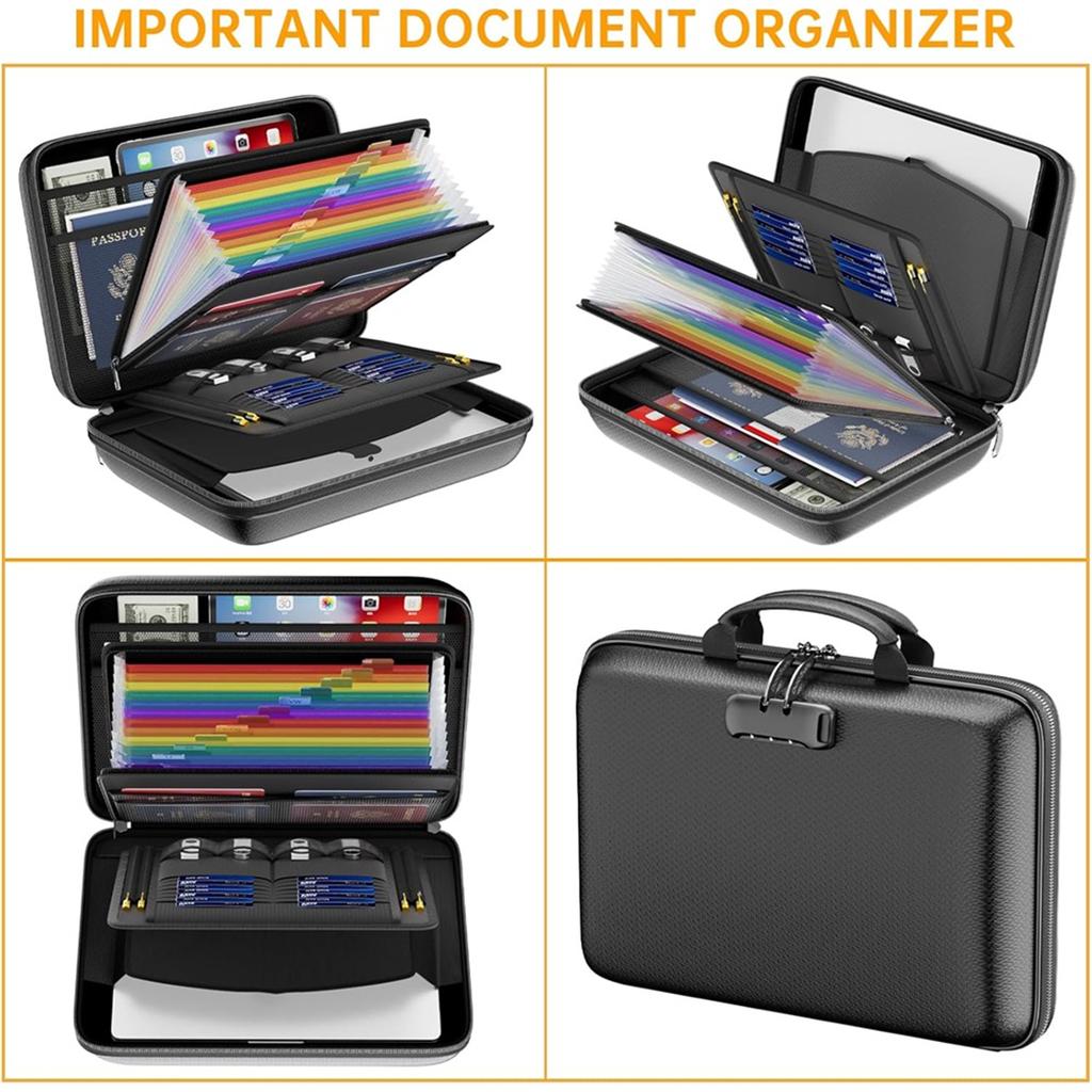 Fireproof File Organizer with Lock, Hard-Shell Case Fireproof Document Box with 13 Accordion File Folder, for Important