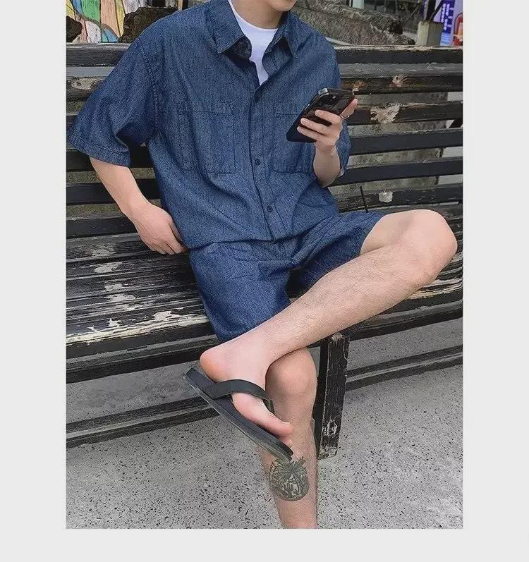 2023 Summer Men's Wash Denim Two-Piece Suit: Short-Sleeved Shirt & Half Pants Casual Set