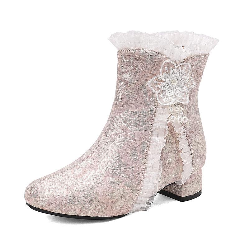 Embroidery Flower Guofeng Mary Jane Boots Lace Lotus Leaf Edge Short Parent-Child Boots Low Heel Student Boots Size 28-43