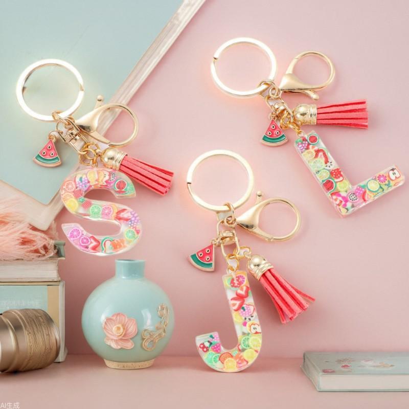 Summer Fruit Resin Keychain 26 Letters Fresh Cute Pendant Classic Retro Practical Durable Backpack Hanging Ornament Fashion Bag Accessory
