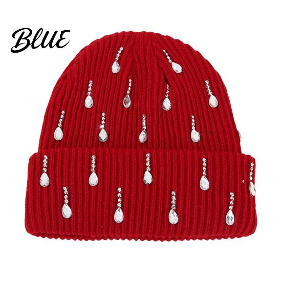 Holiday Gift for Women Waterdrop Rhinestone Knit Hat, Bling Stretchy Winter Cuffed Knitted Stylish Hat Skull Cap Men Cold Weather Daily Wear