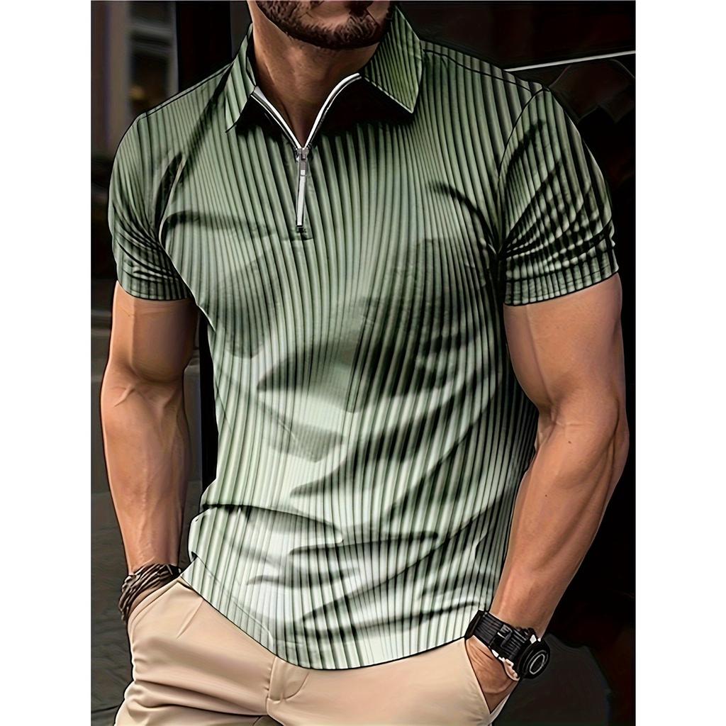 summer men's zippered short-sleeved POLO shirt features 3D striped pattern print for street casual