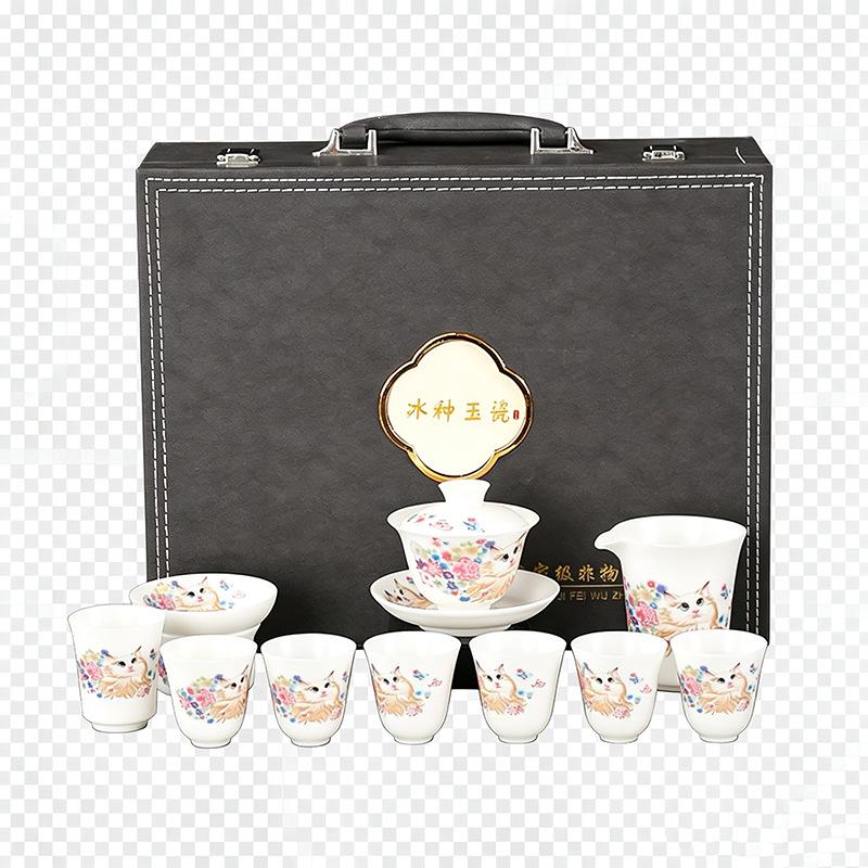 High-end vegetarian fired ice jade porcelain kung fu tea set household Dehua white porcelain cat