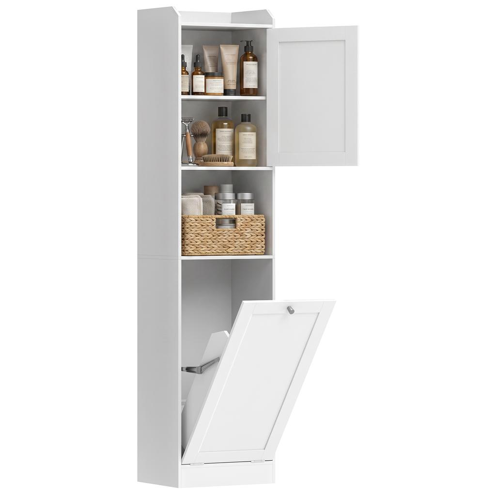 Tall Bathroom Cabinet with Flip Basket and Shelves, 40x30x170 cm, White
