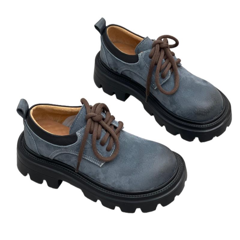 New Retro Shoes, Thick-soled Casual Lace-up Soft Leather Round Toe Shoes for Women