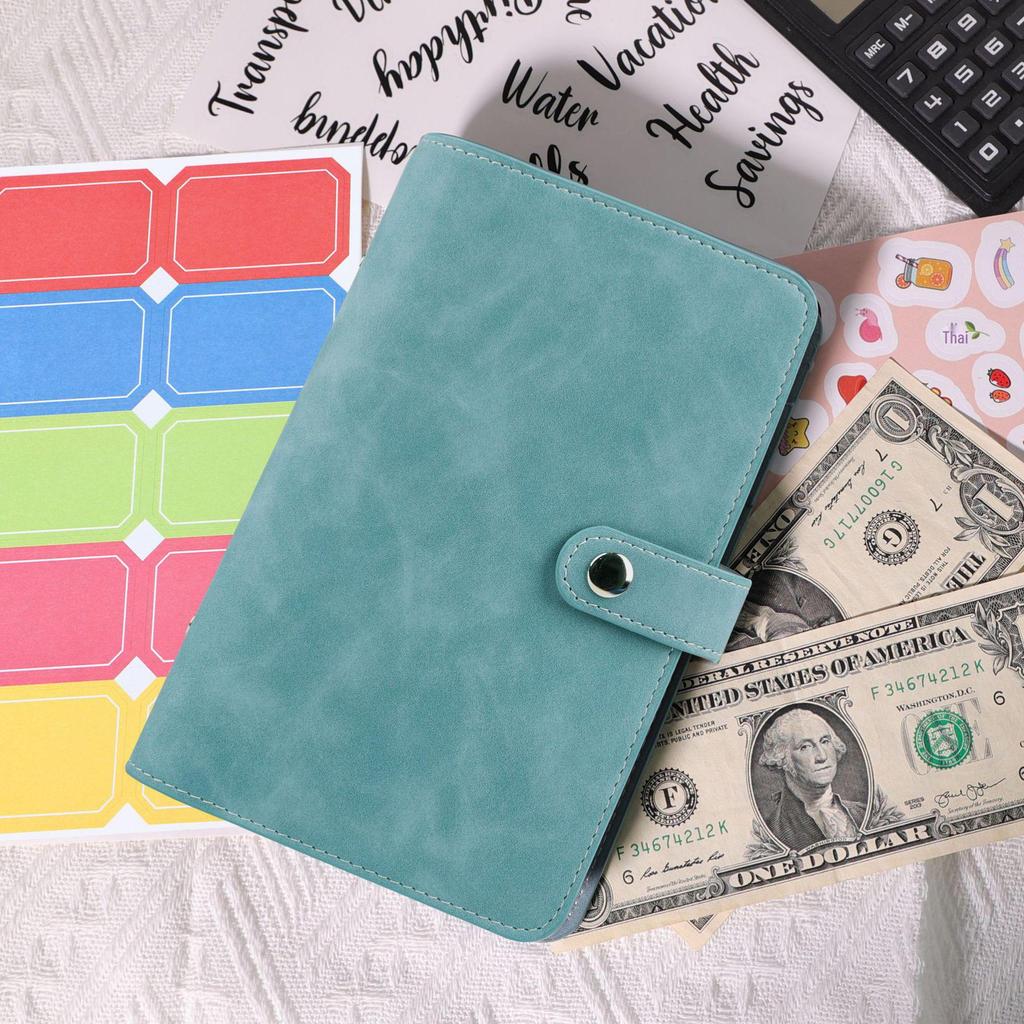 A6 Macaroon Leather Notebook Binder with 12 Refillable Zippered Pockets for Bills and Coins
