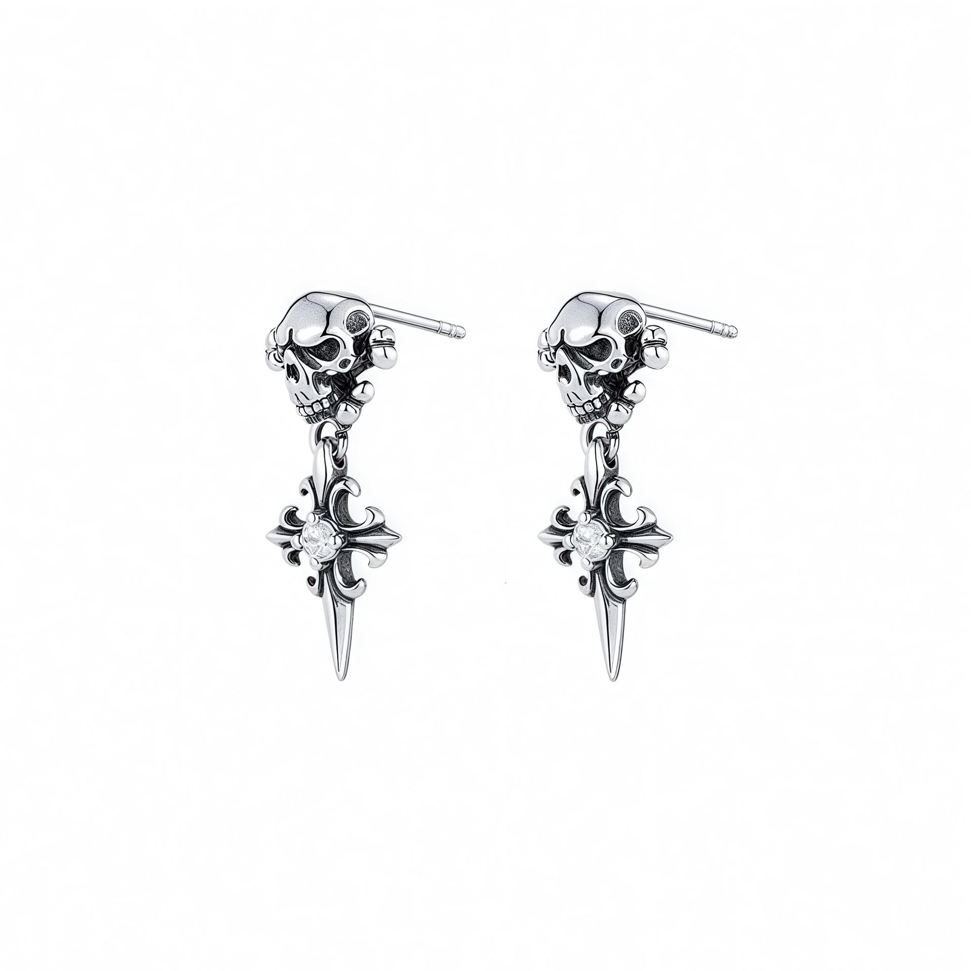 Skull Cross Earrings, High-End Zircon Earrings, Male Hip-Hop Style, Female, Same Iris Stud Earrings.