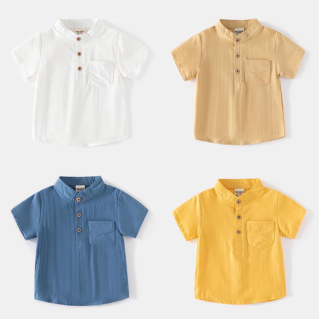 2024 Boys' Stand-Collar Short-Sleeve Cotton Shirt - Summer Outdoor Style, Skin-Friendly, Sweat-Absorbent, Comfortable
