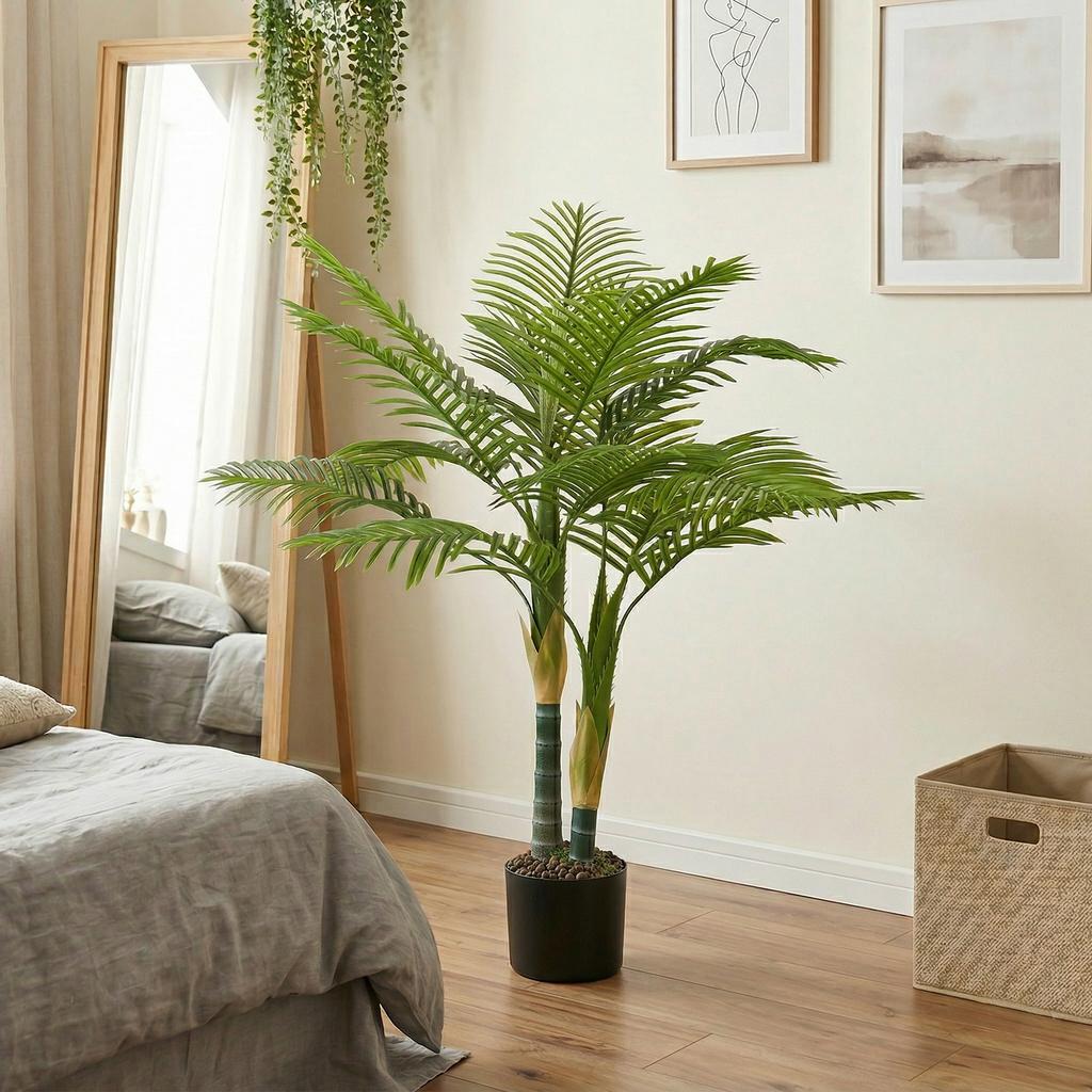 Artificial Palm Tree with 14 PEVA Leaves, 120cm Decorative Artificial Plant with Pot and Moss Effect, Green