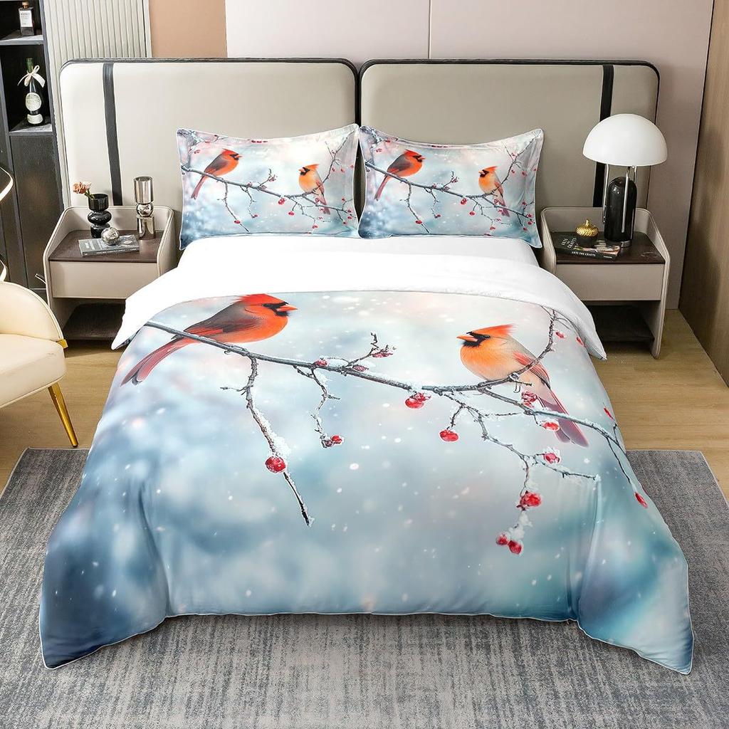 Red Bird Quilt Cover Three-Piece Animal Count Printing Kit Duvet Cover Bedroom Home Decoration