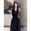 French Black Halter V-Neck Sleeveless A-Line Maxi Dress