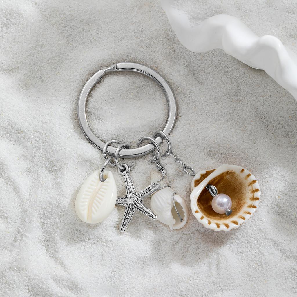 Natural Shell Starfish Pearl Keychain Silver Ocean Style Bag Charm for Women
