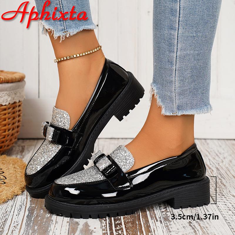 

Fashion Aphixta Patchwork Bling Silvery Flat With Woman 3.5cm Heel Shoes Sewing Design Slip on Ladies Shoes Black Round Toe Casual Shoes 35 чёрный
