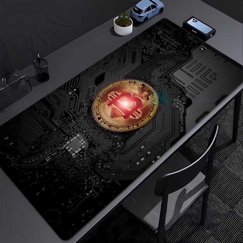 Gaming Mouse Pad Bitcoin Circuit Board Print Gold Silver Crypto Coin Anti Slip Rubber XXL Large Desk Mat For PC Laptop Gamers