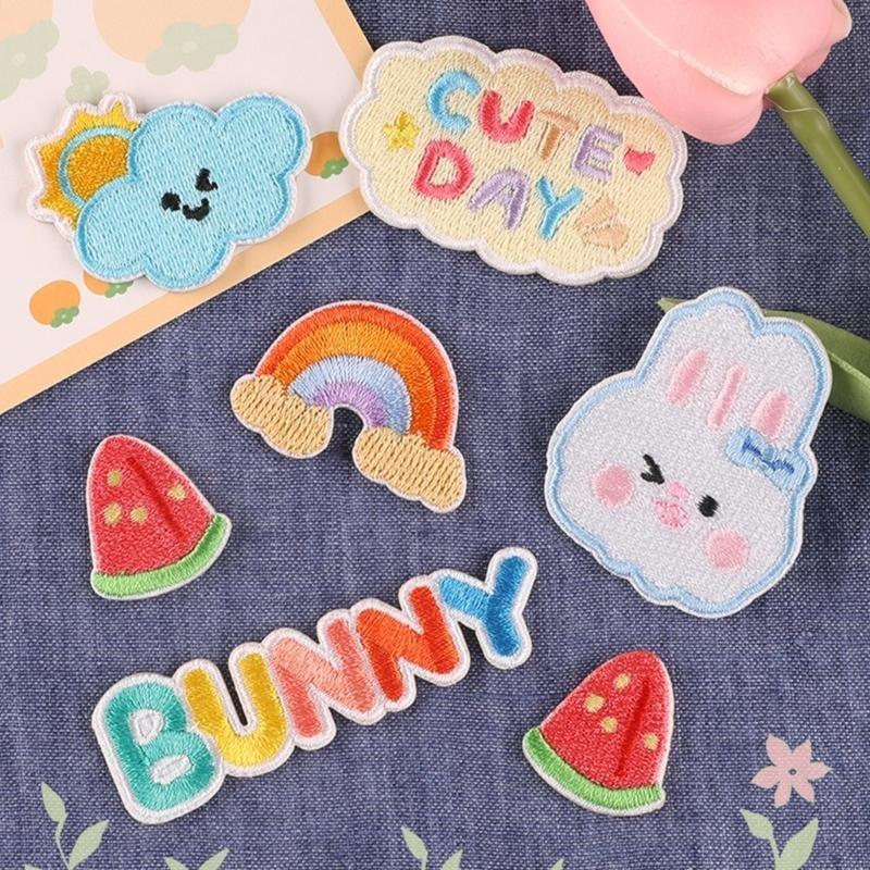 55KF 6 Pcs Rainbow Repair Patches Animal Iron on Embroidered Patches Cartoon Rabbits Sew On Decorative Appliques for Hat