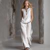 2026 Light Luxury Simple Women's Sleeveless V-neck Black Edge Contrasting Top Vertical Wide-leg Pants Temperament Casual Two-piece Set