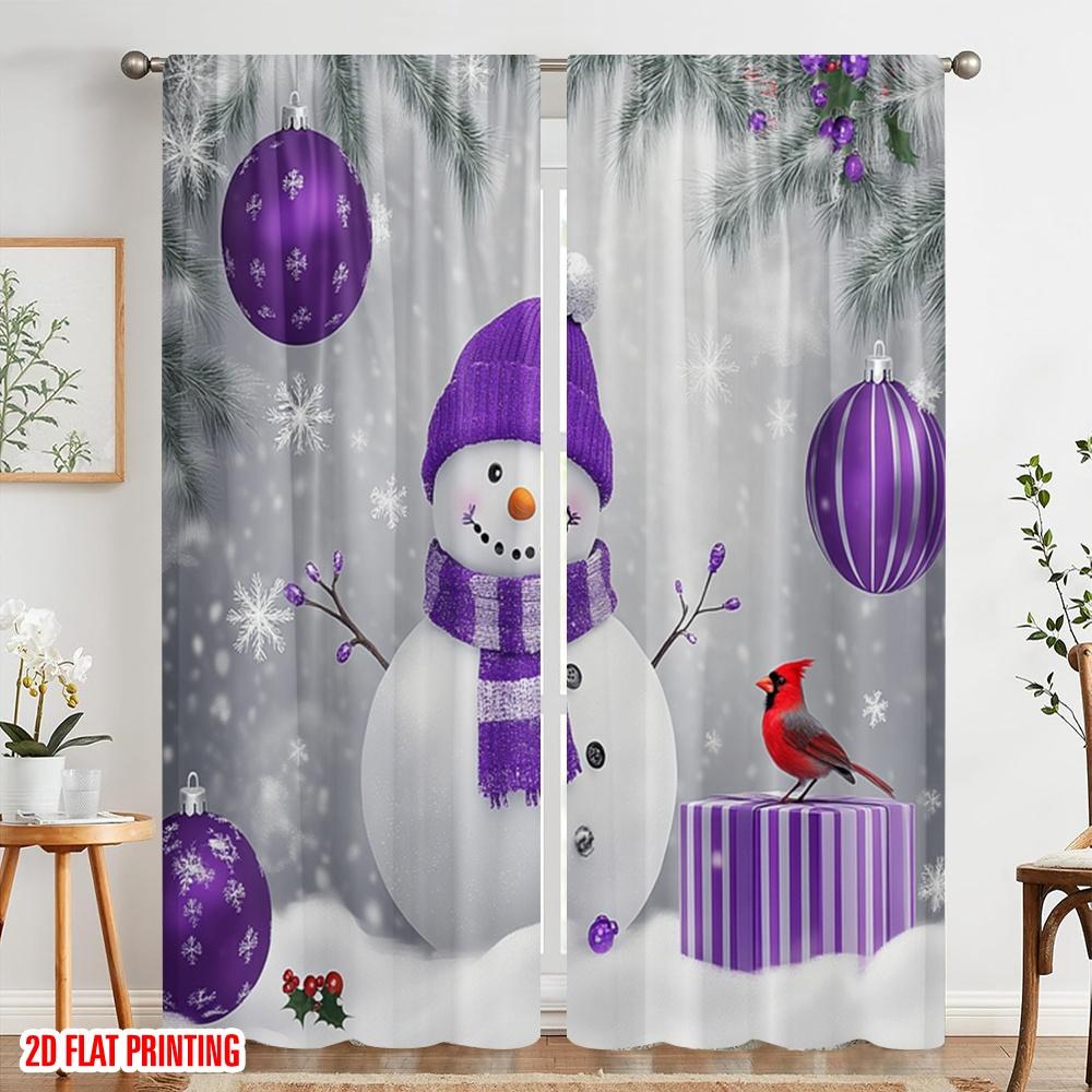 2 Stück, 2D-Flachdruck Lichtfilternde Vorhänge Niedlicher Schneemann Lila Ornamente_a (2) Vielseitiges, strapazierfähiges Polyester (ohne Stange)
